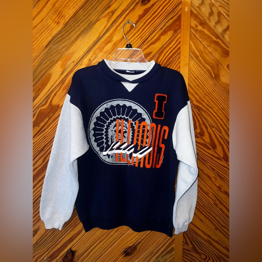 Illinois Crewneck Sweater - Navy and Grey with Orange Accent